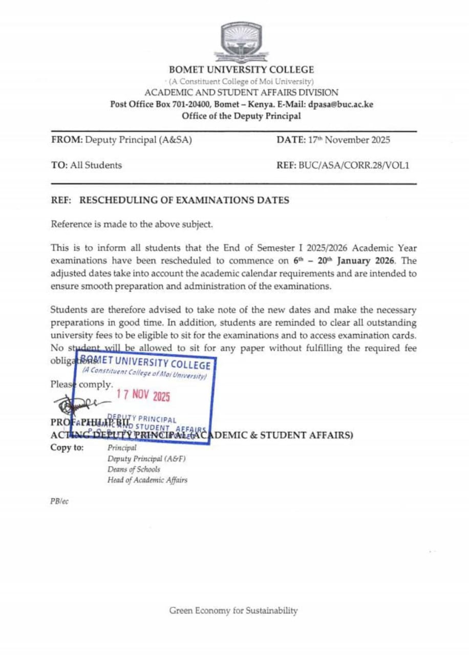 Memo addressed to the students on the reschedulling of the examination dates for Semester I. PHOTO/File