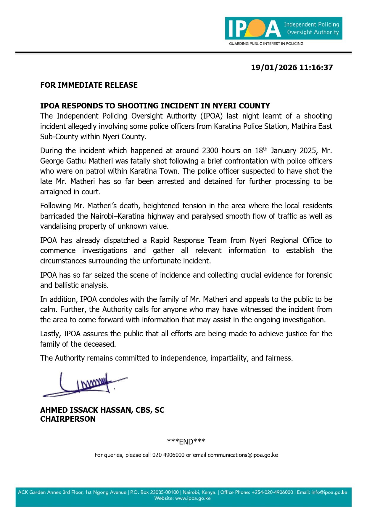 A statement released by the Independent Policing Oversight Authority (IPOA) on January 19, 2026, regarding the fatal shooting of George Gathu Matheri by police in Karatina, Nyeri County.