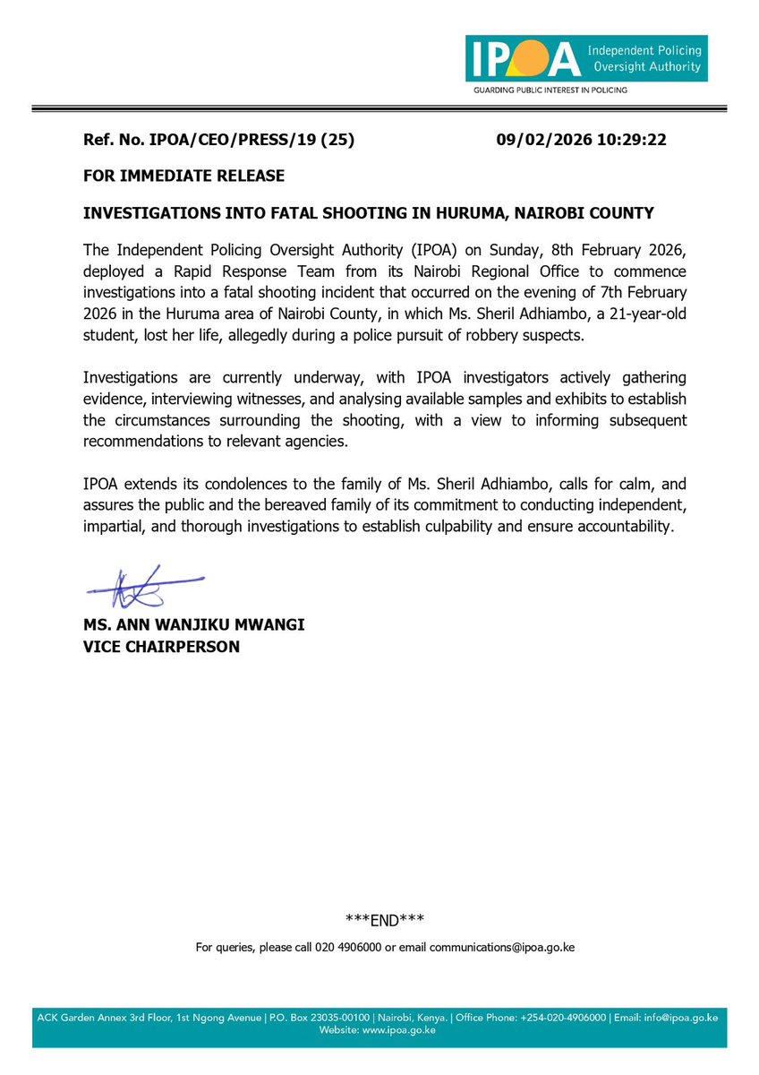 The Independent Policing Oversight Authority (IPOA) report on the investigations into the tragic shooting of a 21-year-old student in Nairobi’s Huruma area. PHOTO/IPOA/X