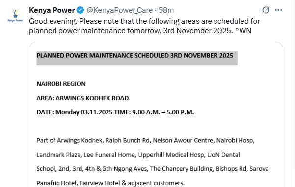 Kenya Power statement on Power disruption.PHOTO/Kenya Power